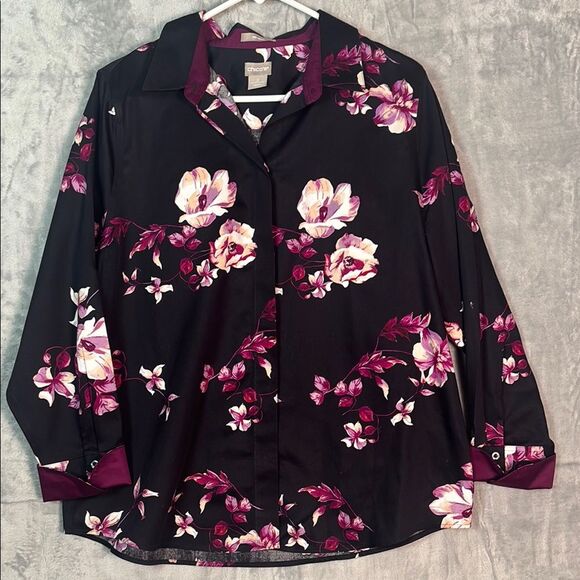 Chico’s Black Purple Floral Button Front Top Long Sleeve Blouse Size 2 - Picture 1 of 8